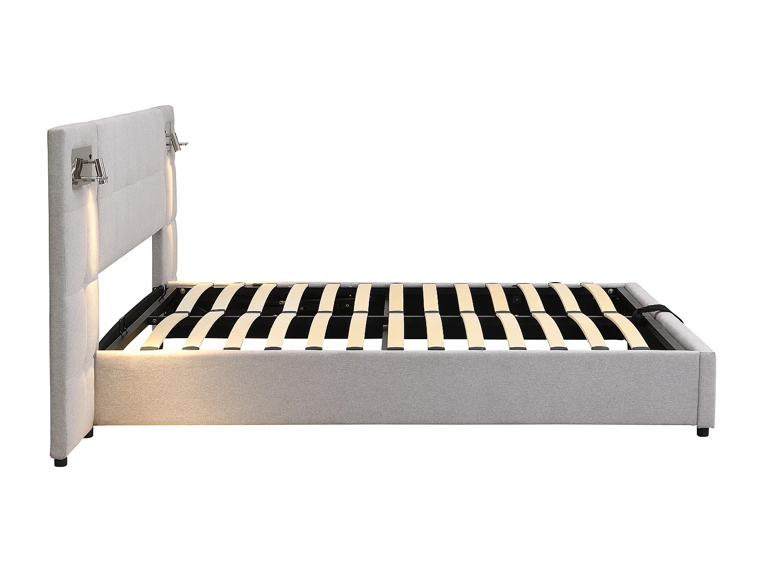 lit coffre 180 x 200 cm - avec tête de lit, USB, sommier à lattes - en lin - gris - sans matelas