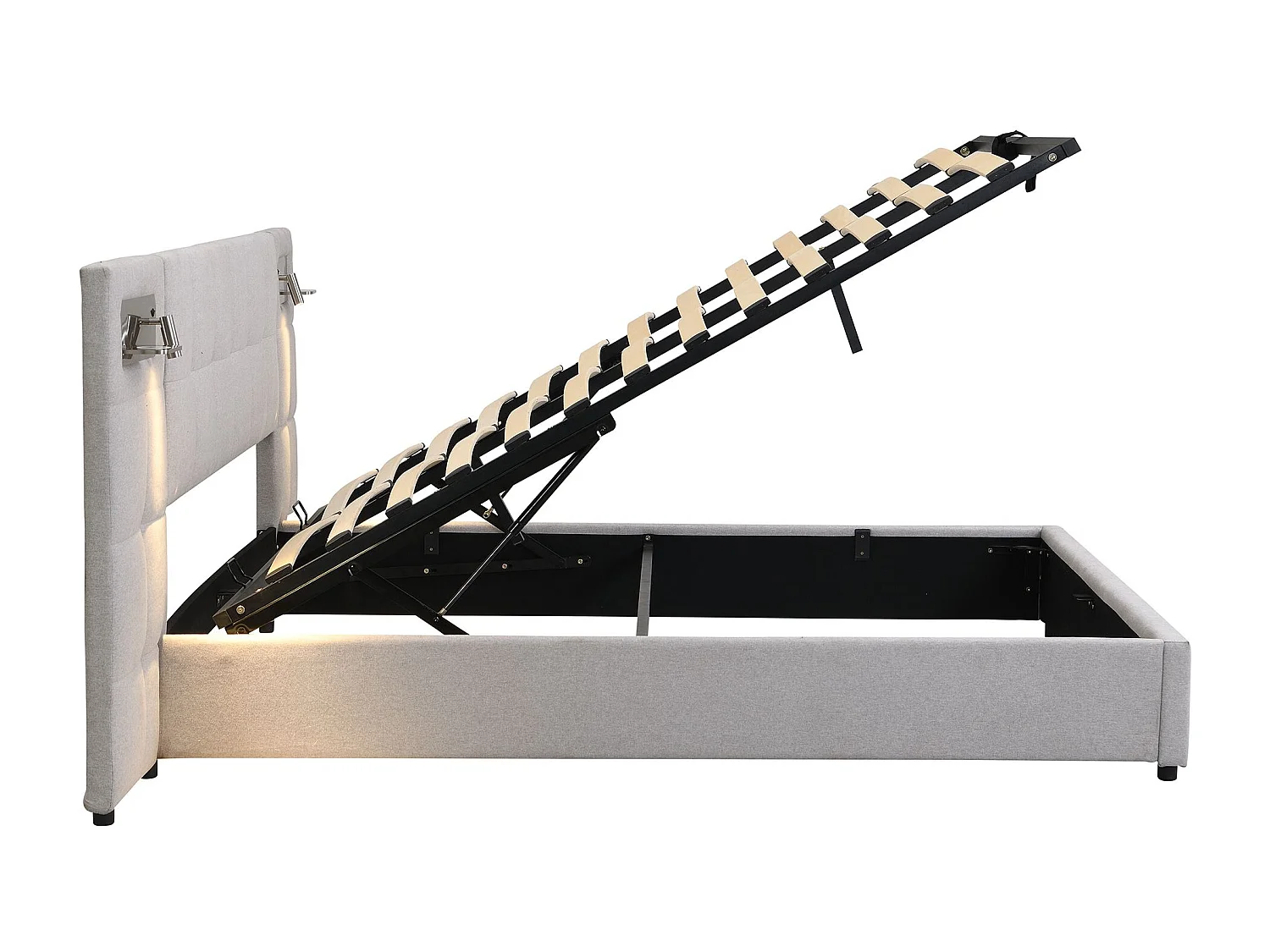 lit coffre 180 x 200 cm - avec tête de lit, USB, sommier à lattes - en lin - gris - sans matelas