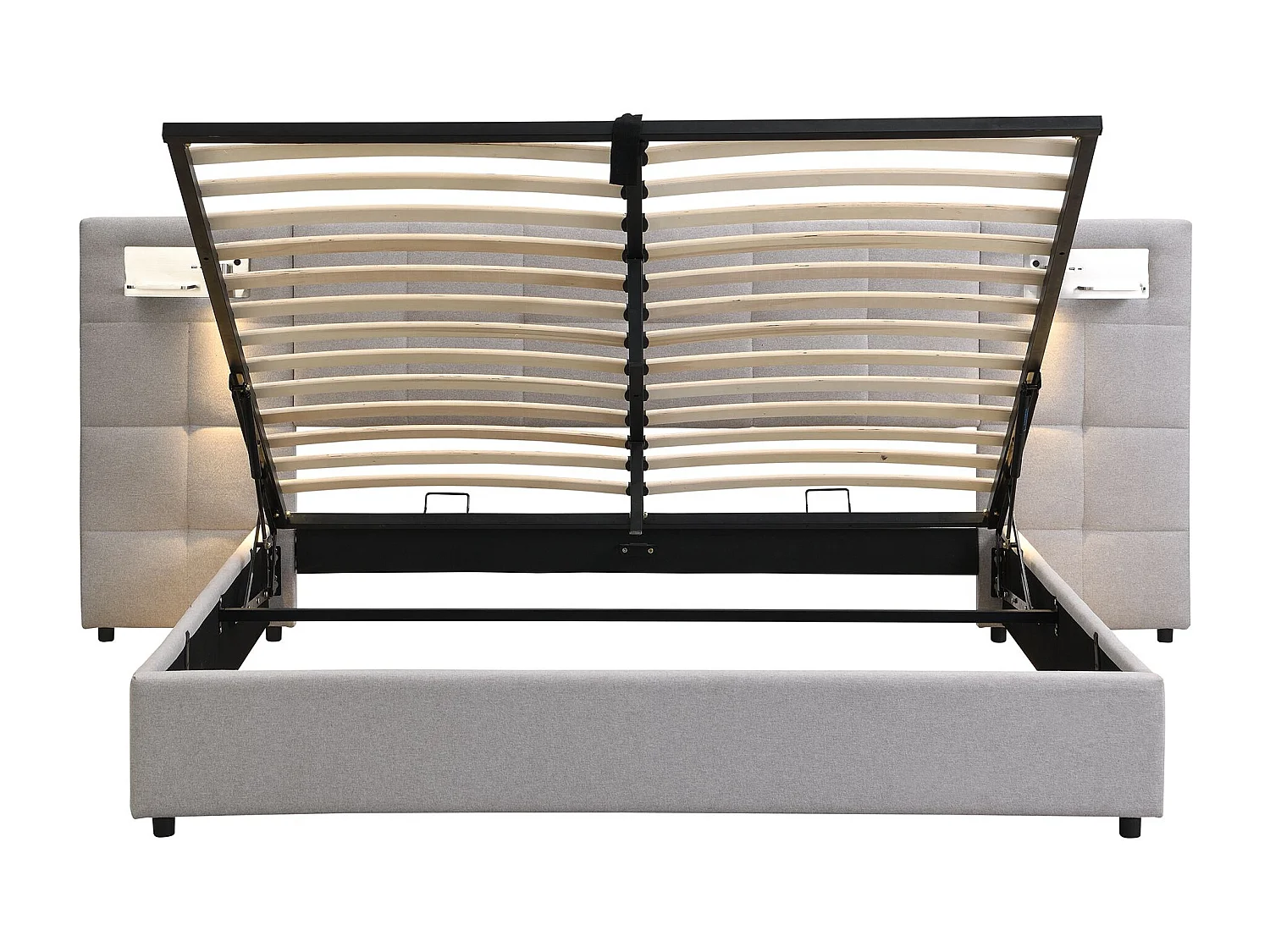 lit coffre 180 x 200 cm - avec tête de lit, USB, sommier à lattes - en lin - gris - sans matelas
