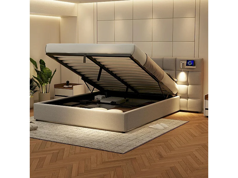 Bed met opbergruimte 180 x 200 cm - met hoofdbord, USB, lattenbodem - linnen - grijs - zonder matras