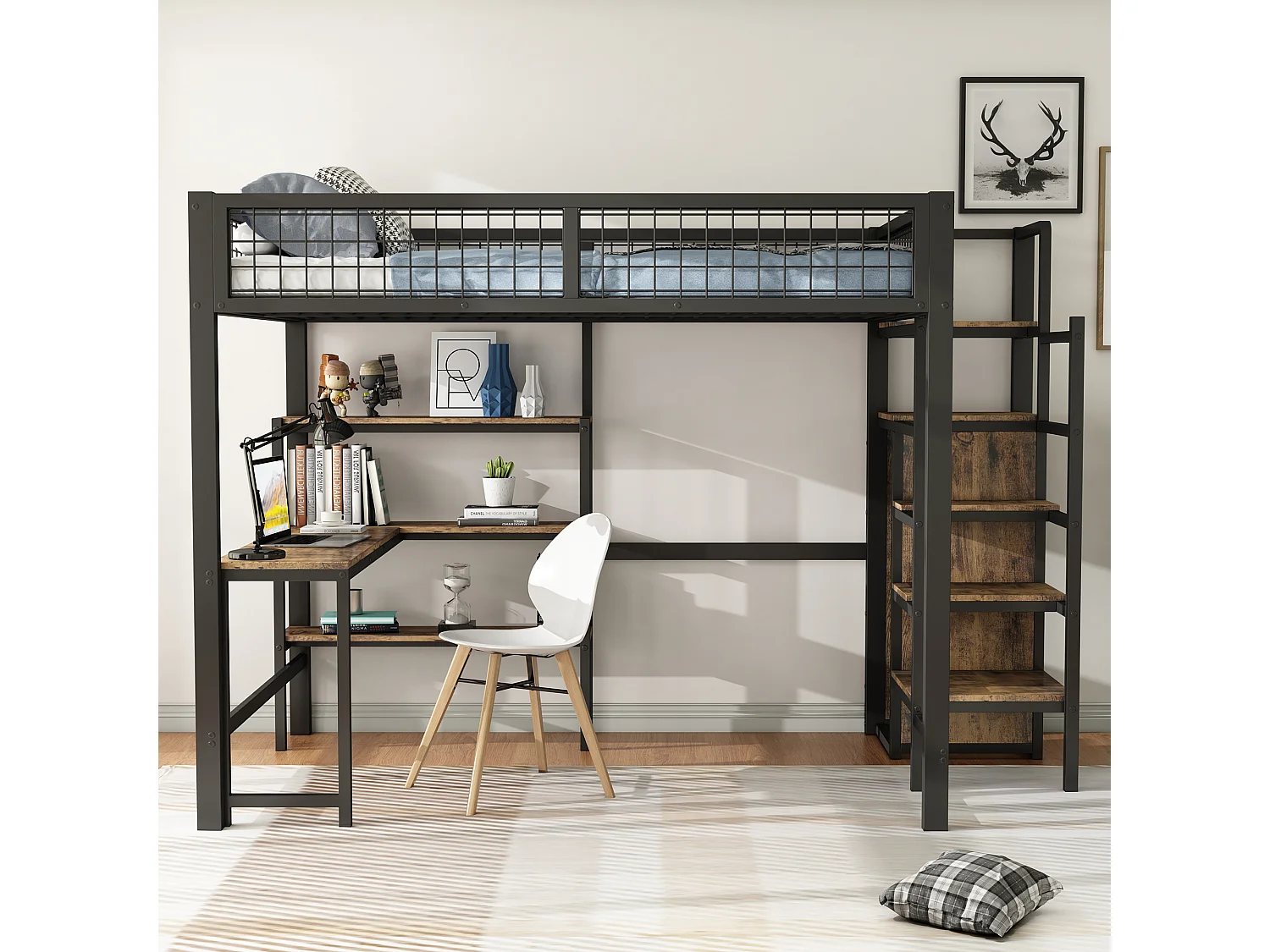 Lit mezzanine 140 x 200 cm - avec étagères, sommier à lattes - noir et marron - sans matelas