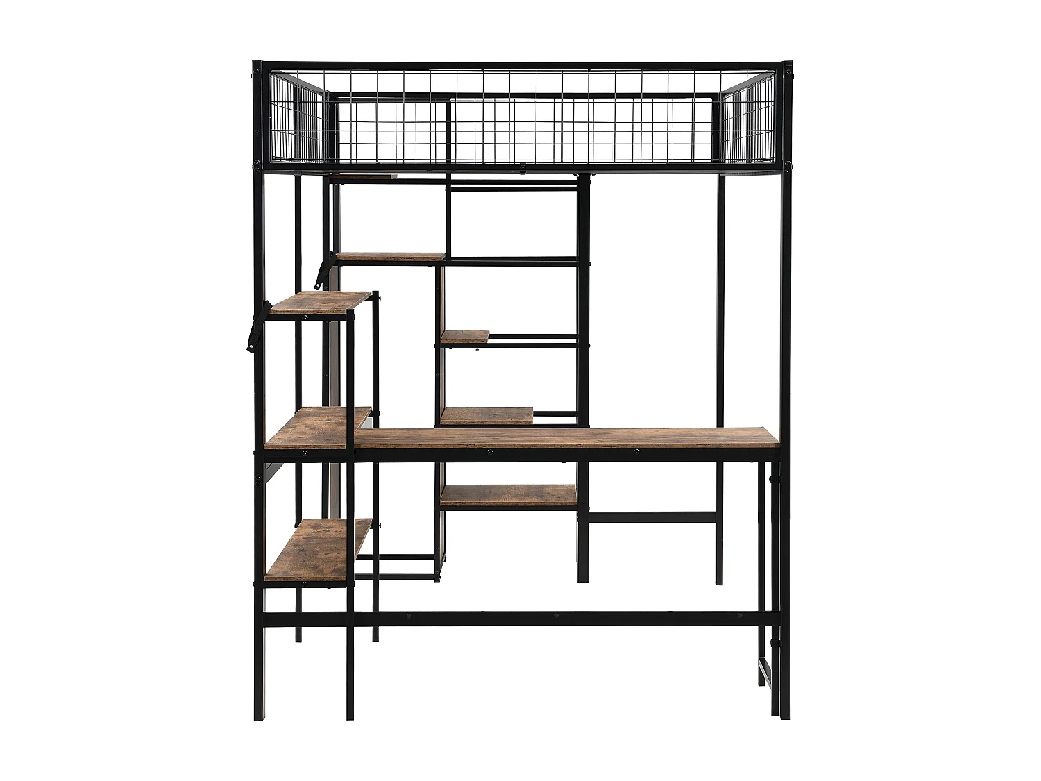 Lit mezzanine 140 x 200 cm - avec étagères, sommier à lattes - noir et marron - sans matelas