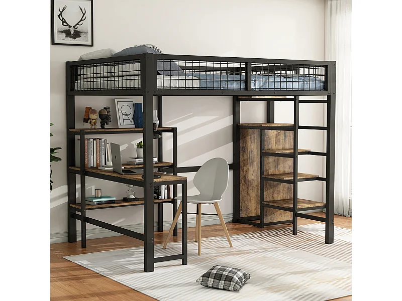 Letto a castello 140x200 cm - con ripiani, rete a doghe - nero e marrone - materasso non incluso