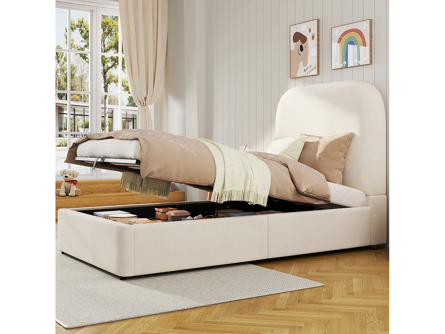 Opbergbed 90 x 200 cm - kinderbed met afgerond hoofdeinde - beige fluweel