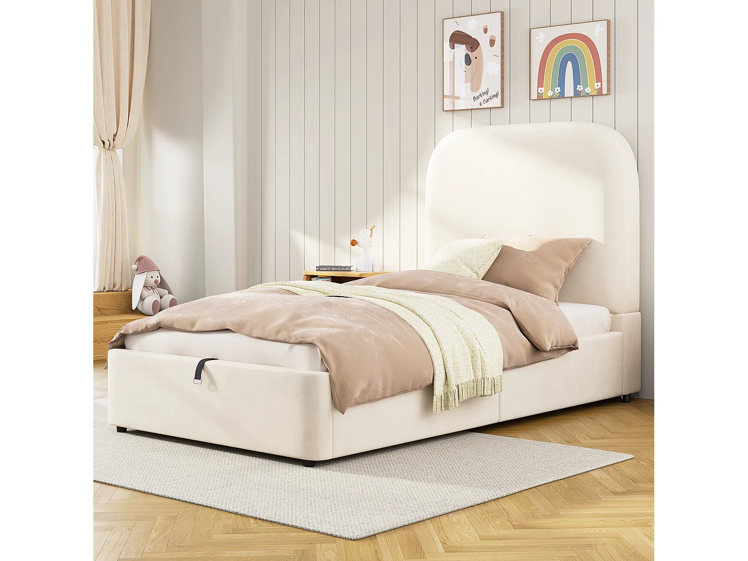 Opbergbed 90 x 200 cm - kinderbed met afgerond hoofdeinde - beige fluweel