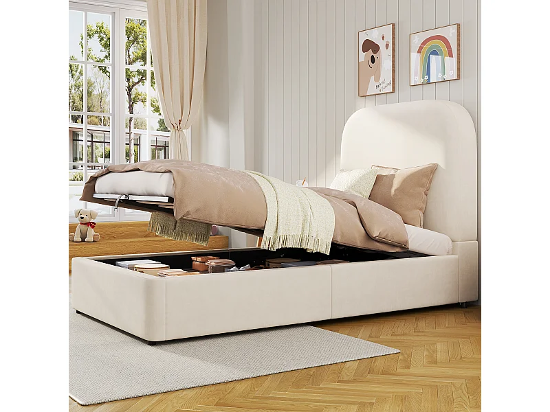 Opbergbed 90 x 200 cm - kinderbed met afgerond hoofdeinde - beige fluweel