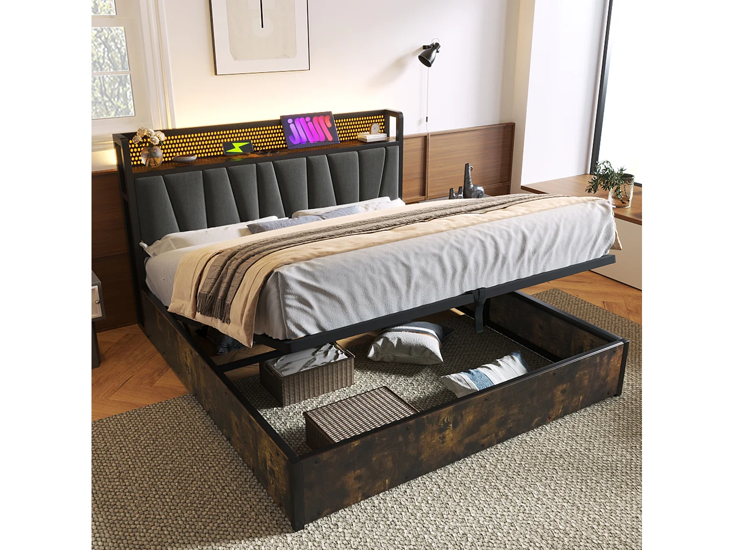 160x200 cm opbergbed - met hoofdbord met opbergruimte, RGBW ledverlichting, USB-aansluiting, lattenbodem - linnen - grijs - inclusief matras