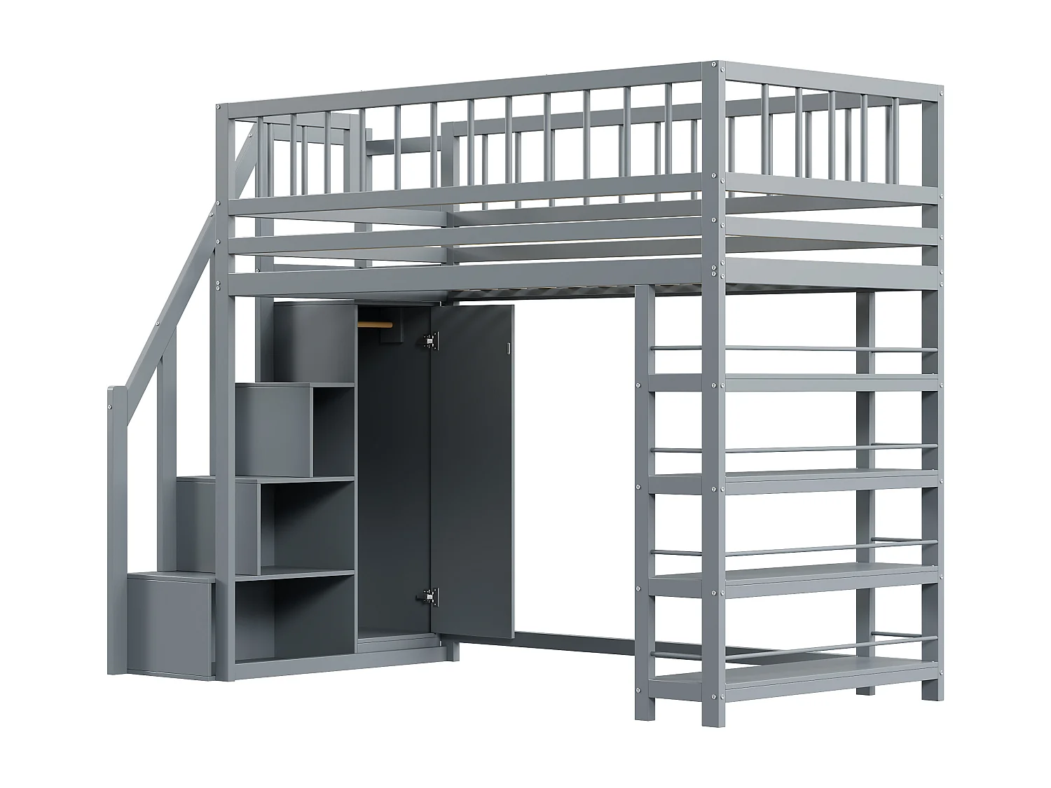 Hochbett, 90 x 200 cm – mit Regalen, Lattenrost – Massivholz – grau – Matratze nicht enthalten