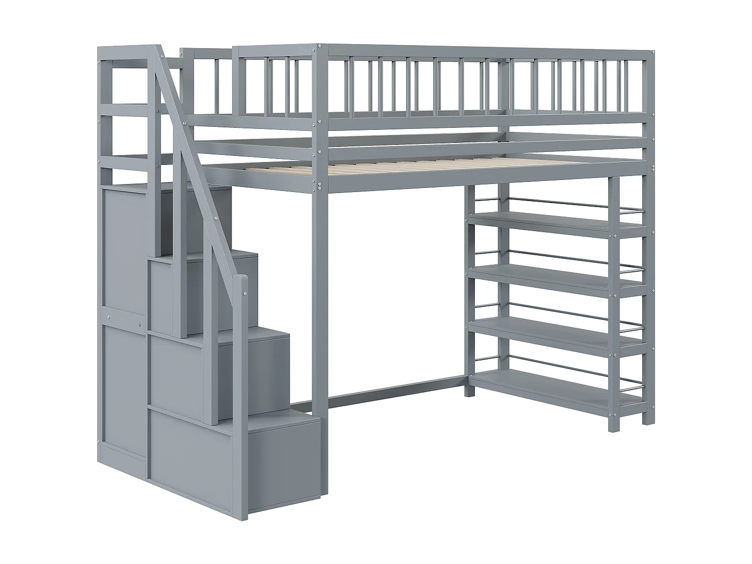 Hochbett, 90 x 200 cm – mit Regalen, Lattenrost – Massivholz – grau – Matratze nicht enthalten