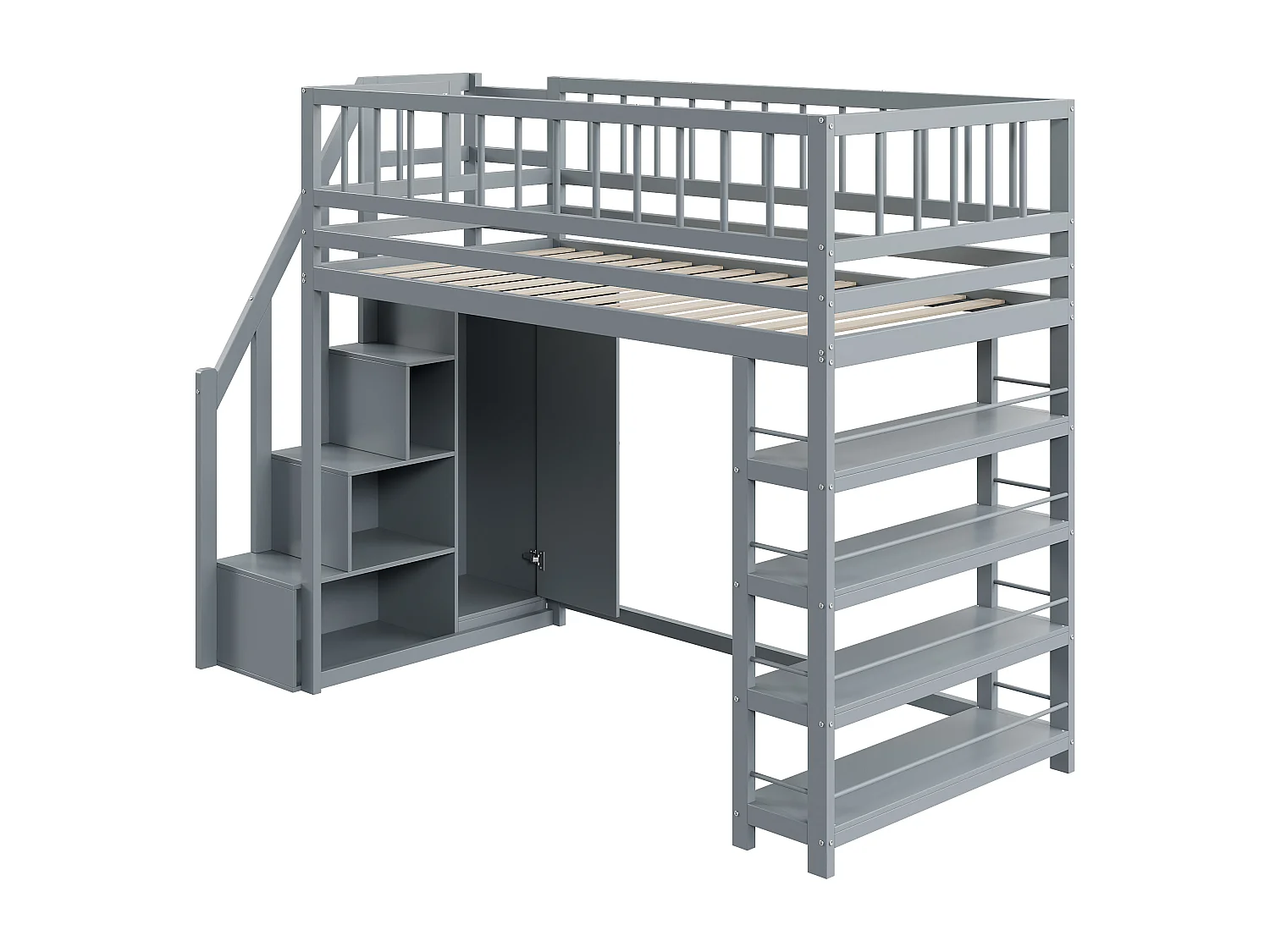 Hochbett, 90 x 200 cm – mit Regalen, Lattenrost – Massivholz – grau – Matratze nicht enthalten