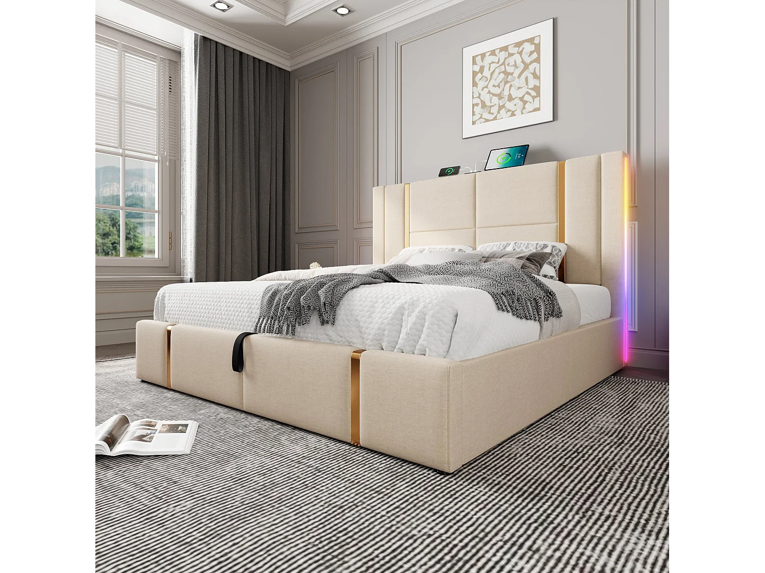 Cama con canapé de 140 x 200 cm - con cabecero, USB, Tipo C, LED, somier - lino beige - colchón incluido