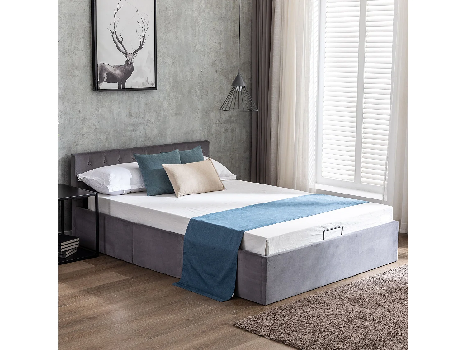 140x200cm Opbergbed - Tweepersoonsbed met gestoffeerd hoofdeinde - grijs fluweel - matras niet inbegrepen
