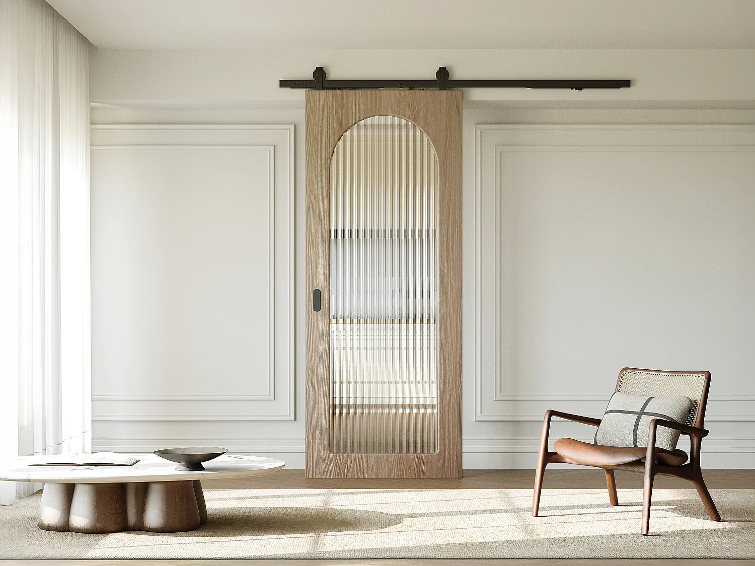 Porta scorrevole con sistema a parete in legno e MDF - arco in vetro temperato scanalato - H205 x L83 cm - ODEZA