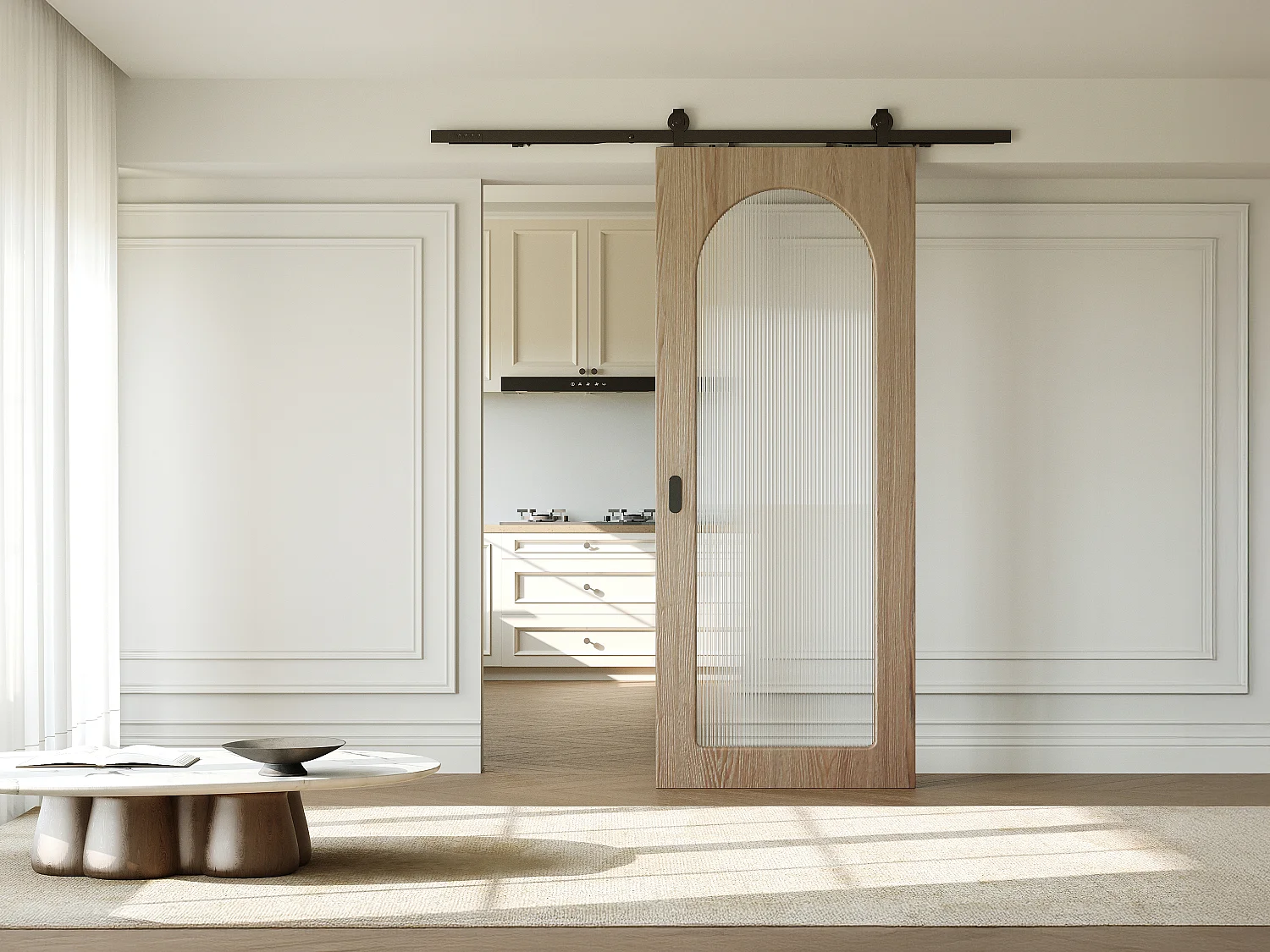 Porta scorrevole con sistema a parete in legno e MDF - arco in vetro temperato scanalato - H205 x L83 cm - ODEZA