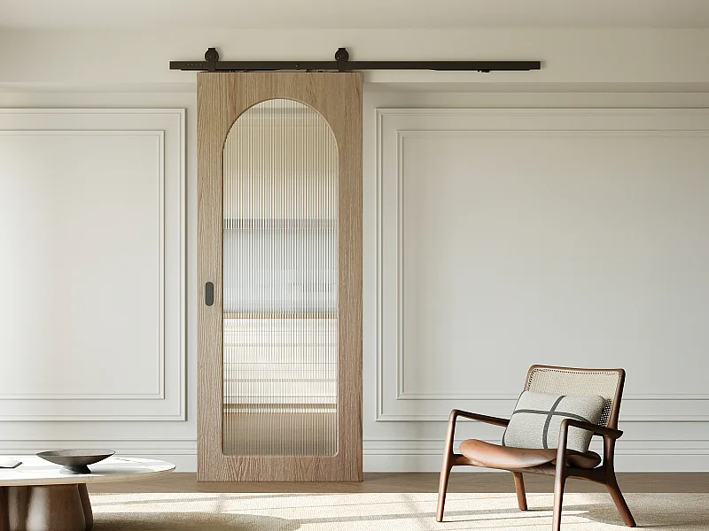 Porte coulissante avec système en applique en bois et MDF - arche en verre trempé cannelé - H205 x L83 cm - ODEZA