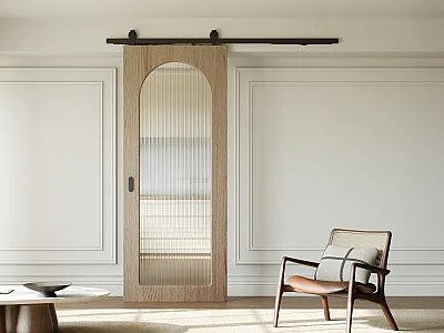 Porte coulissante avec système en applique en bois et MDF - arche naturel clair et verre trempé cannelé - H205 x L83 cm - ODEZA