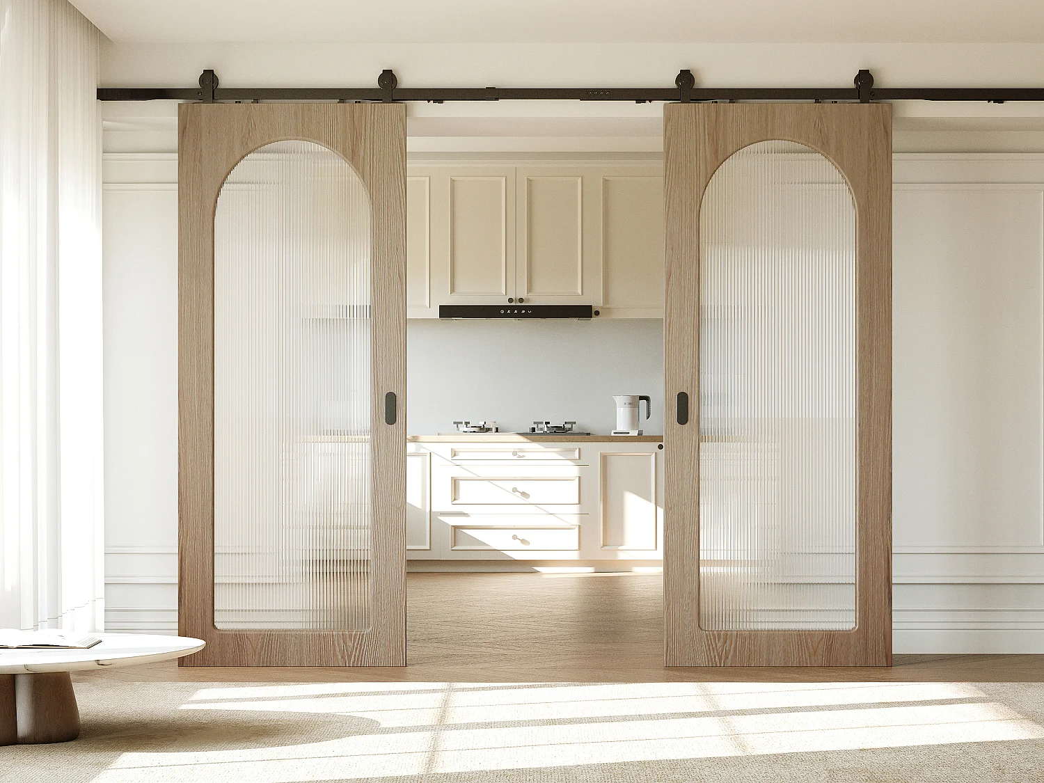 Porta scorrevole doppia con sistema a parete in legno e MDF - arco in vetro temperato scanalato - 2 x H205 x L83 cm - ODEZA