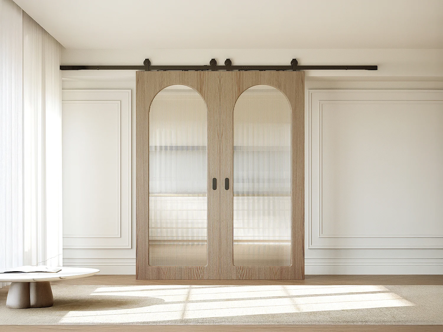 Porta scorrevole doppia con sistema a parete in legno e MDF - arco in vetro temperato scanalato - 2 x H205 x L83 cm - ODEZA