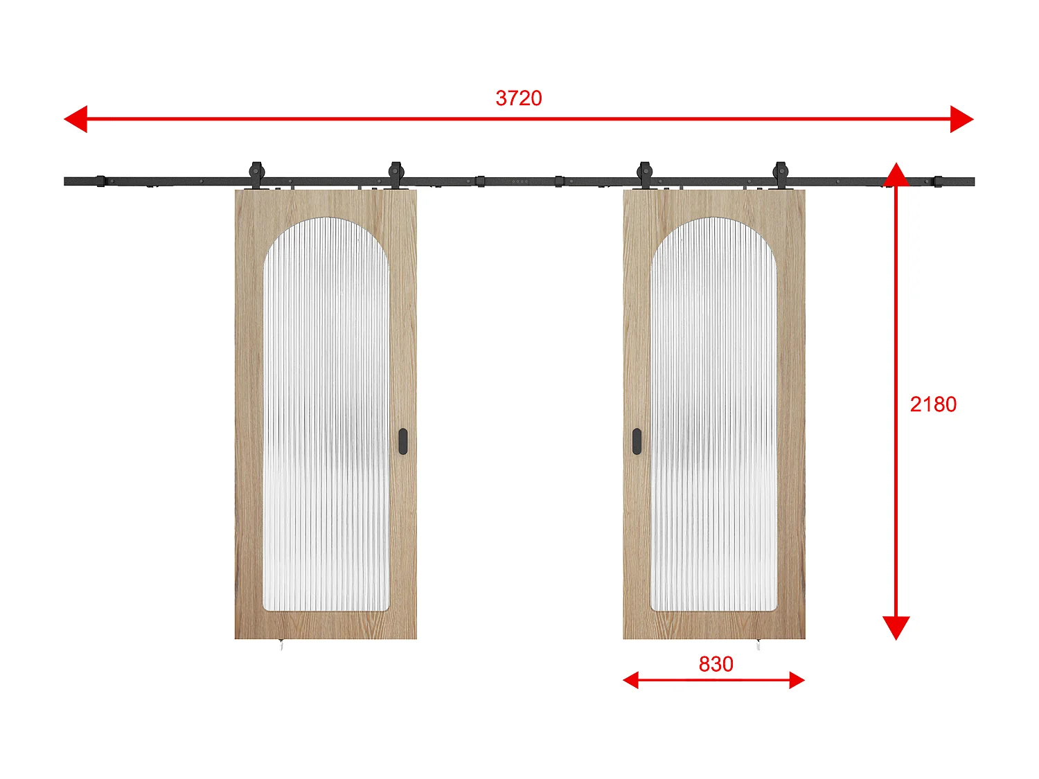 Porte coulissante double avec système en applique en bois et MDF - arche en verre trempé cannelé - 2 x H205 x L83 cm - ODEZA