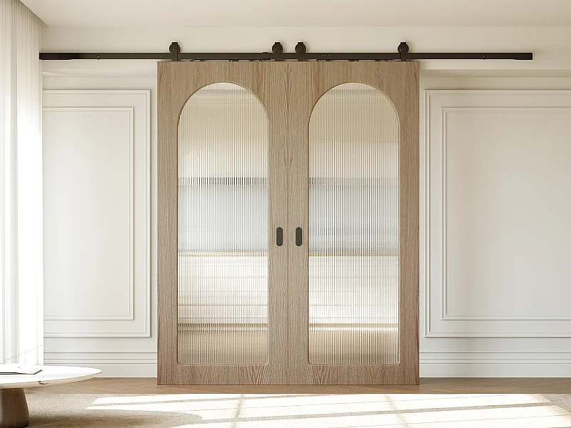 Porte coulissante double avec système en applique en bois et MDF - arche en verre trempé cannelé - 2 x H205 x L83 cm - ODEZA