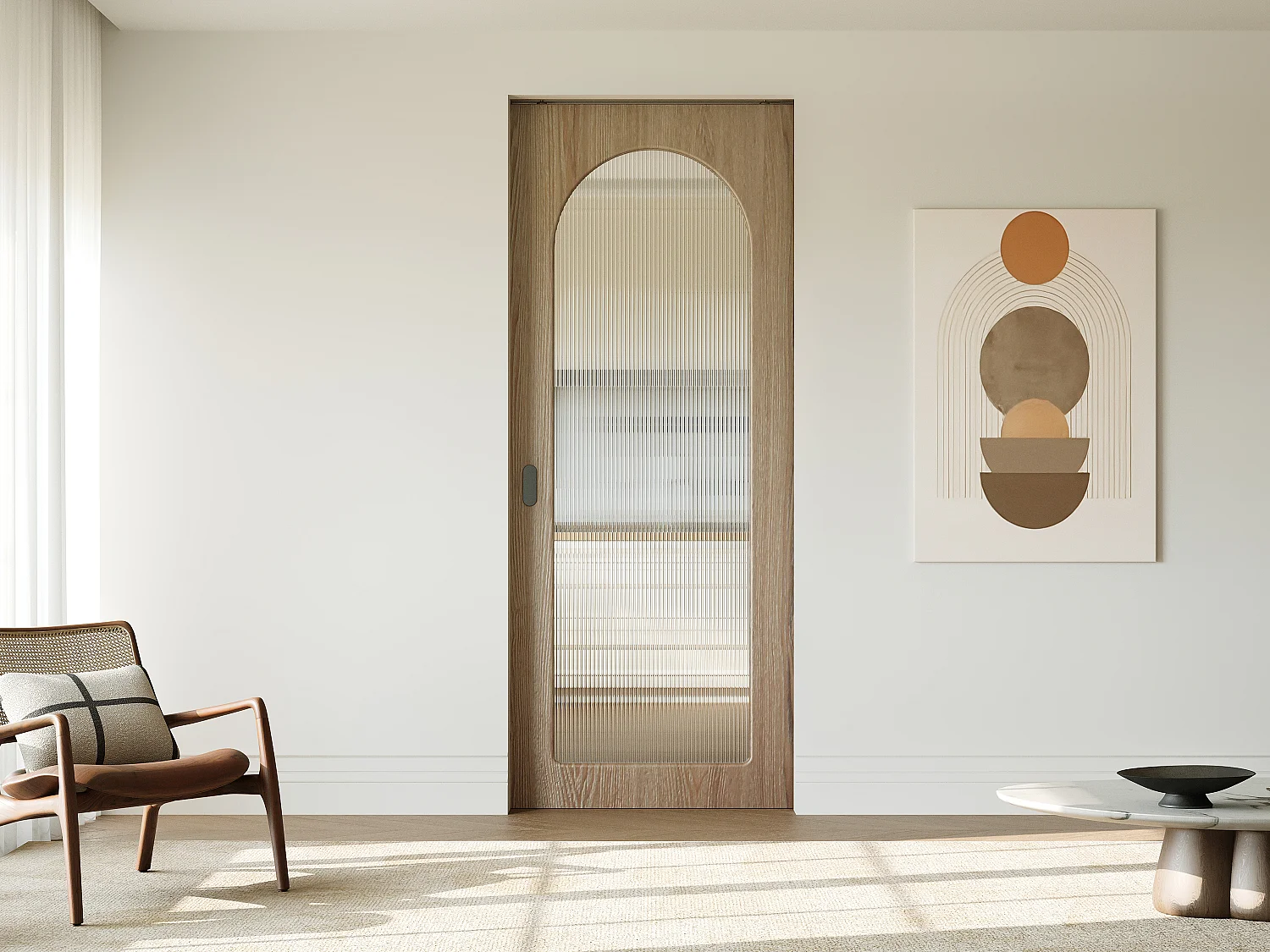 Puerta corredera empotrada en madera y MDF - Arco en vidrio templado acanalado - Alt.205 x An.83 cm - ODEZA