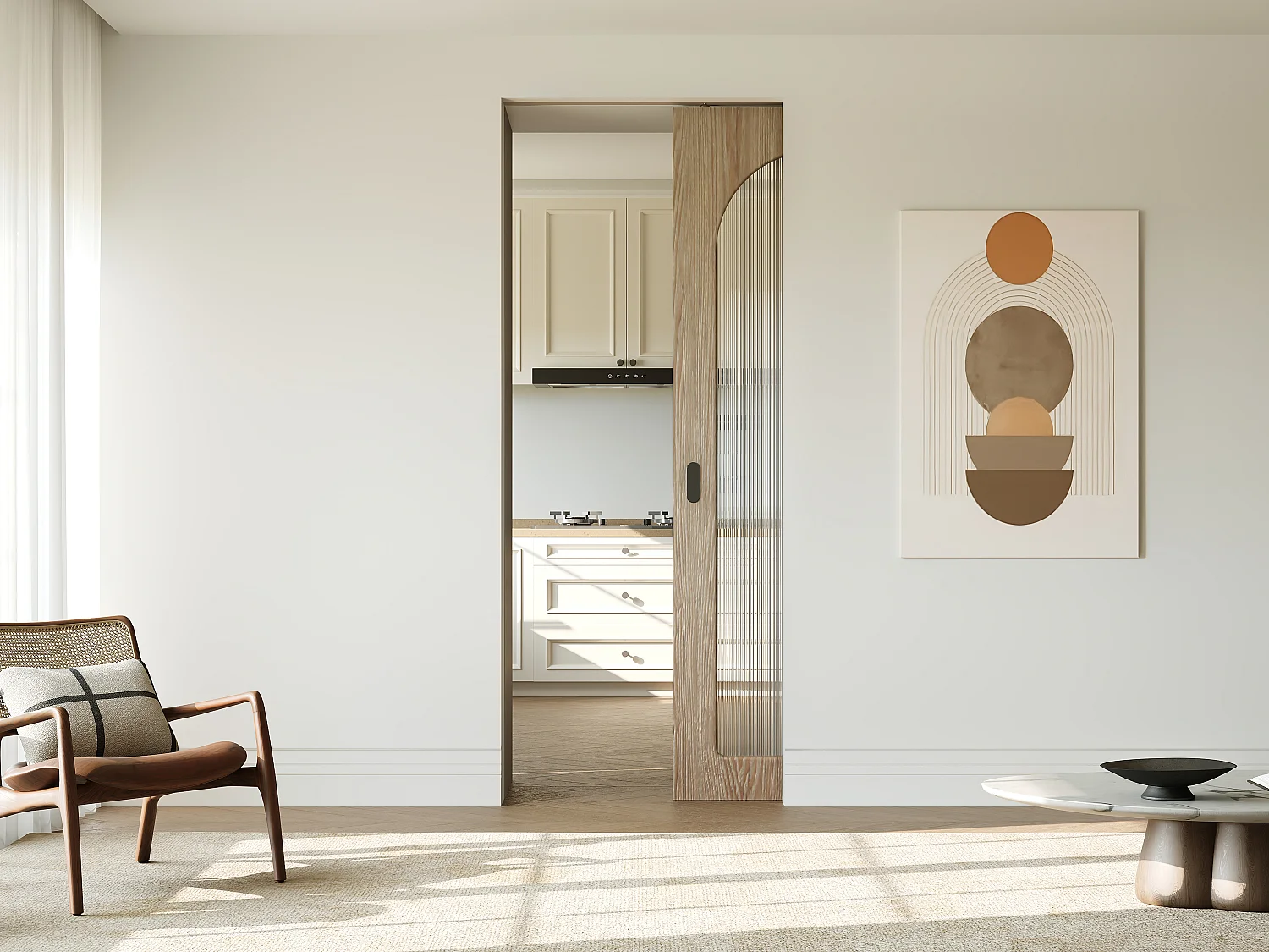 Puerta corredera empotrada en madera y MDF - Arco en vidrio templado acanalado - Alt.205 x An.83 cm - ODEZA