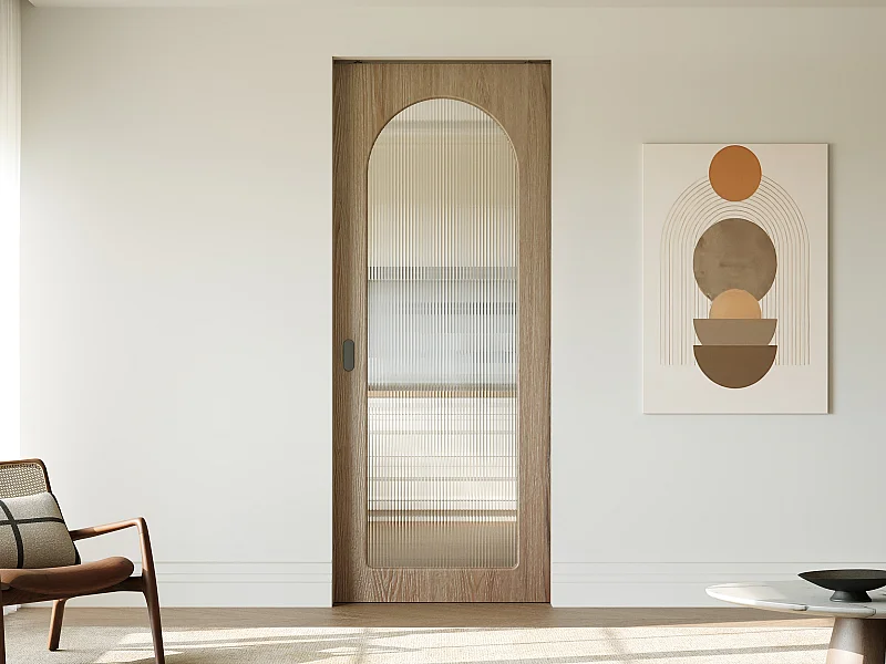 Porte coulissante avec système à galandage en bois et MDF - arche en verre trempé cannelé - H205 x L83 cm - ODEZA