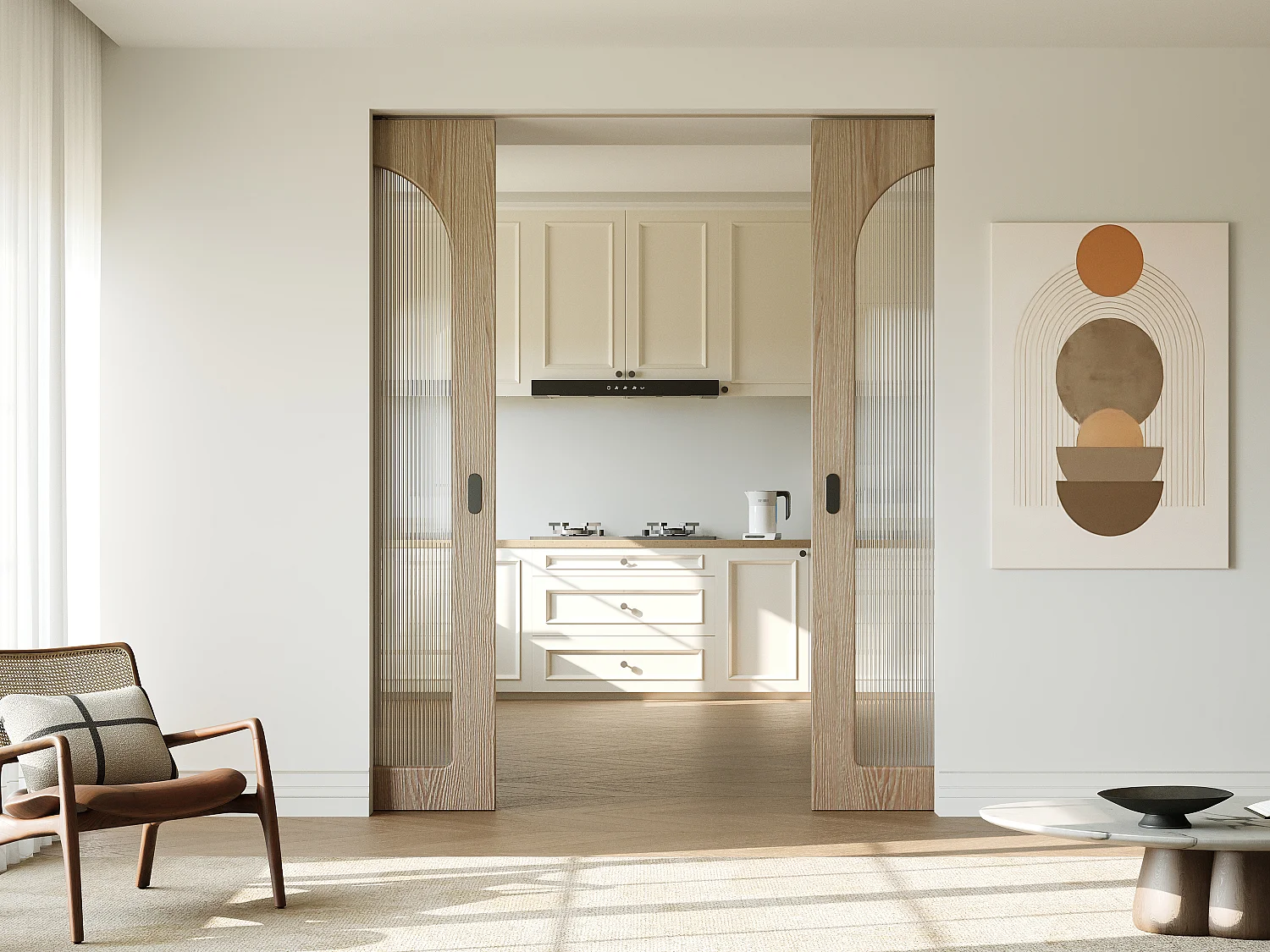 Puerta corredera doble empotrada en madera y MDF - Arco de vidrio templado acanalado - 2 x Alt.205 x An.83 cm - ODEZA