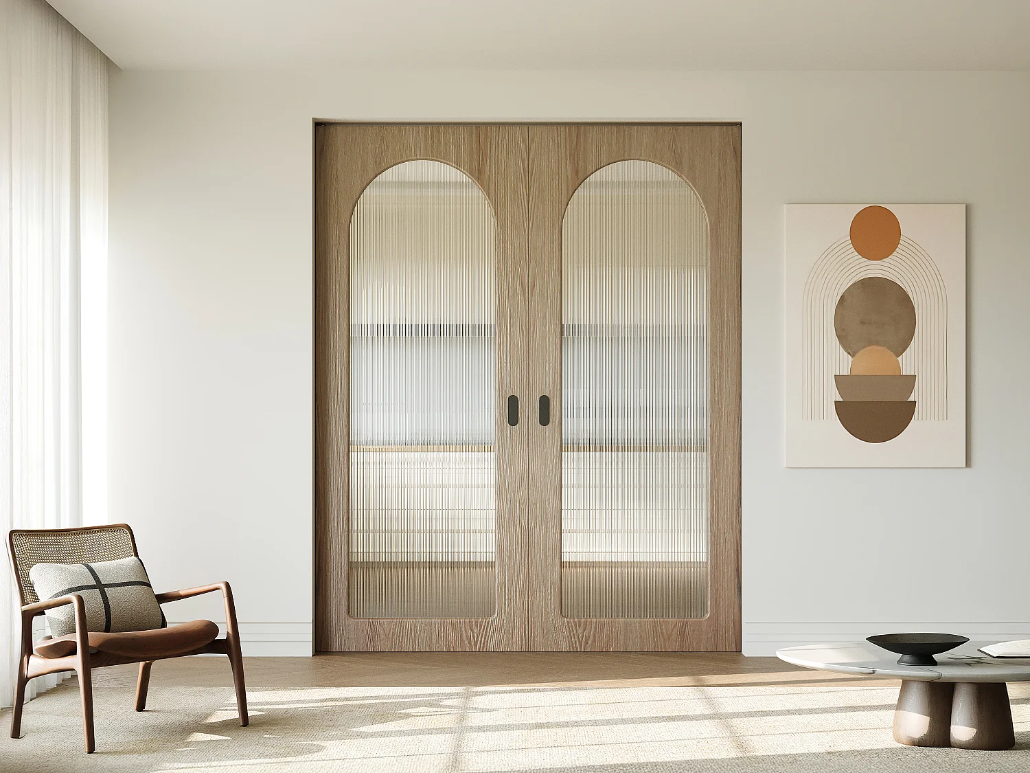 Puerta corredera doble empotrada en madera y MDF - Arco de vidrio templado acanalado - 2 x Alt.205 x An.83 cm - ODEZA