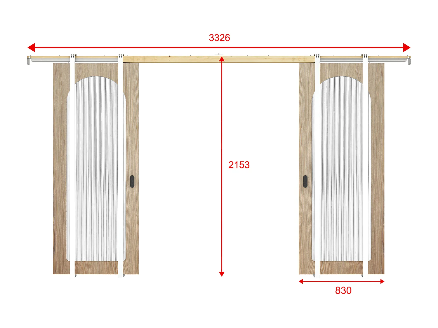 Porte coulissante double avec système à galandage en bois et MDF - arche en verre trempé cannelé - 2 x H205 x L83 cm - ODEZA