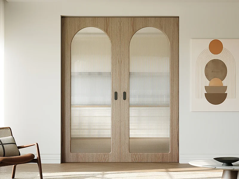 Porte coulissante double avec système à galandage en bois et MDF - arche en verre trempé cannelé - 2 x H205 x L83 cm - ODEZA