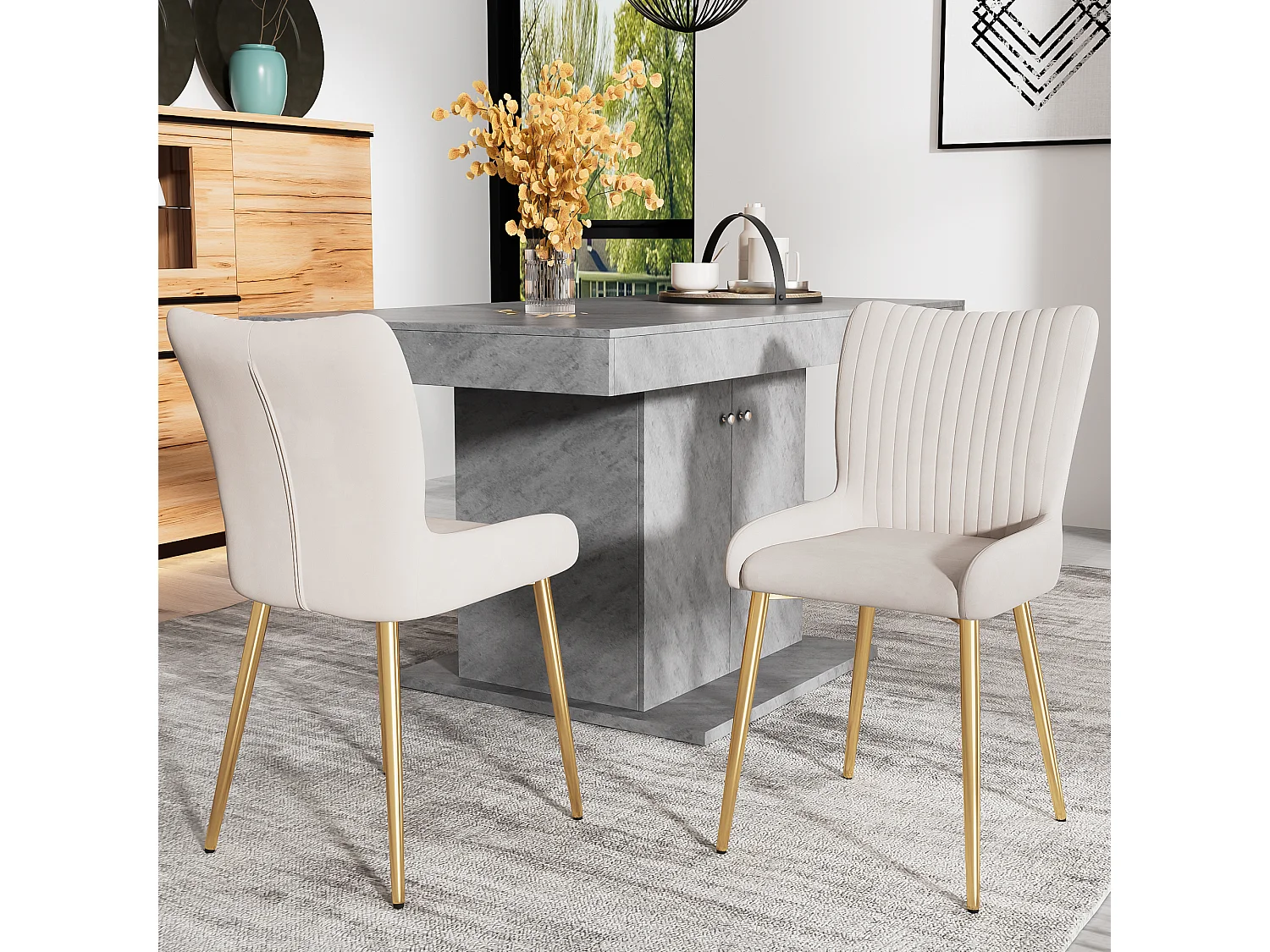 Set van 6 fluwelen stoelen met metalen poten – beige en goud