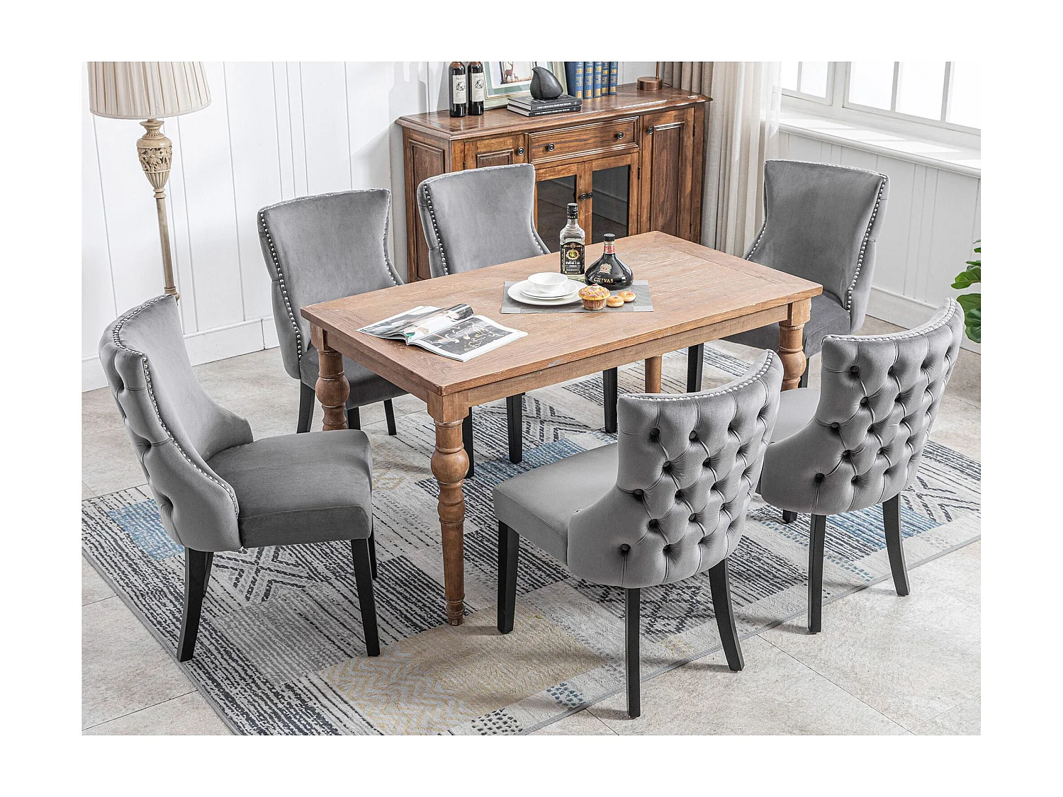 Lot de 6 chaises en velours, piètement bois massif, dossier capitonné – gris