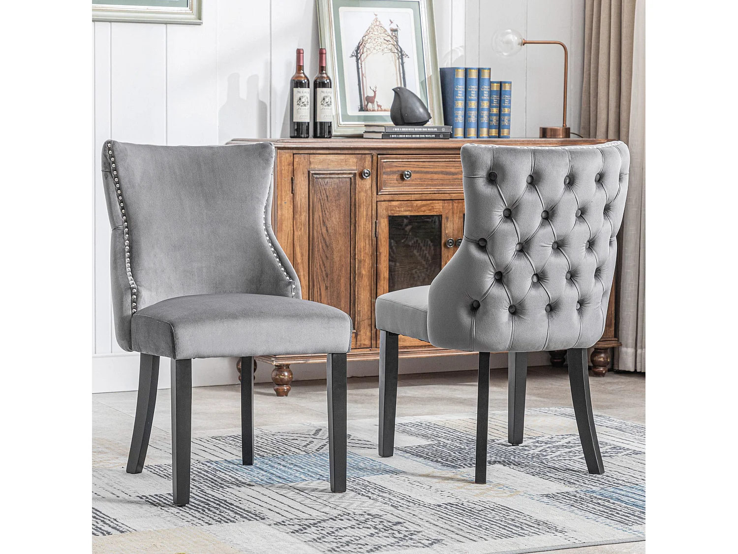 Lot de 6 chaises en velours, piètement bois massif, dossier capitonné – gris