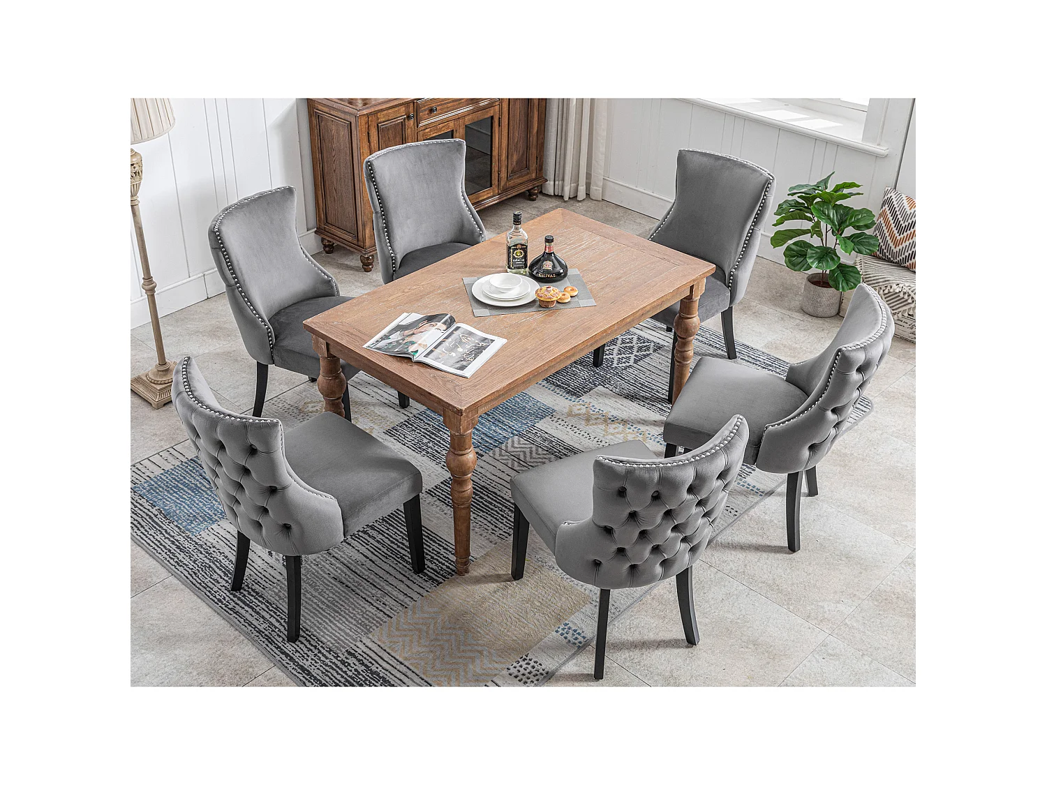 Lot de 6 chaises en velours, piètement bois massif, dossier capitonné – gris