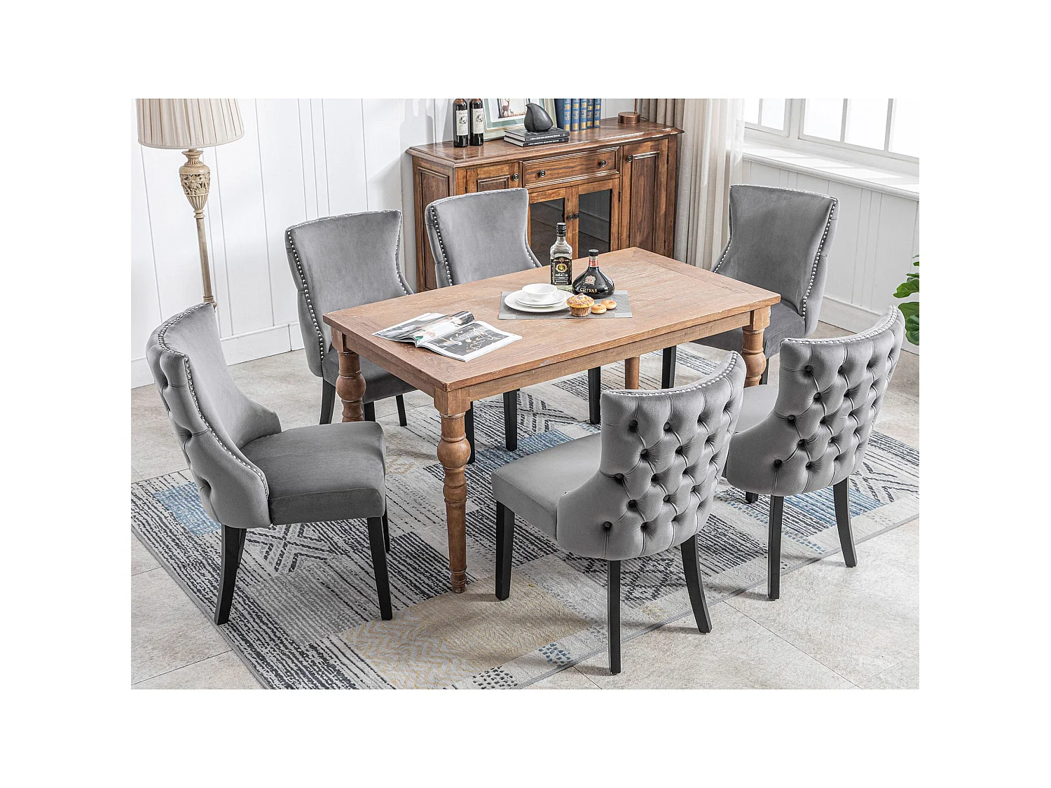 Lot de 6 chaises en velours, piètement bois massif, dossier capitonné – gris