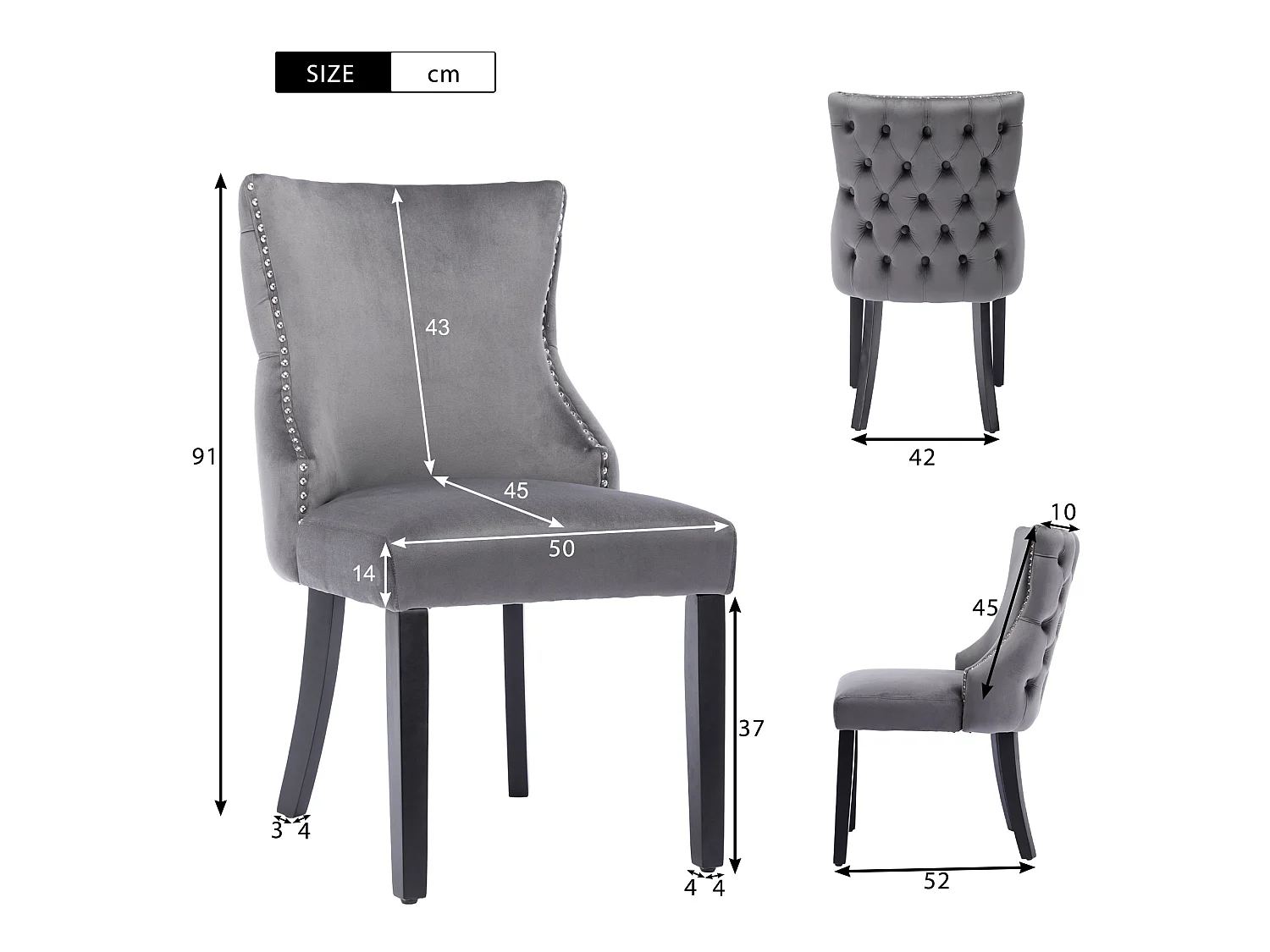 Lot de 6 chaises en velours, piètement bois massif, dossier capitonné – gris