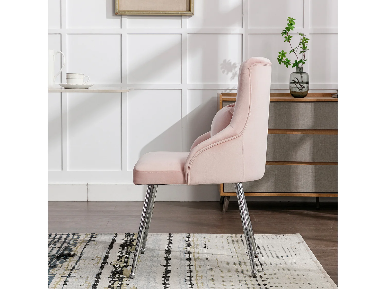 Chaise de salle à manger en velours avec coussin lombaire et pieds métal – rose