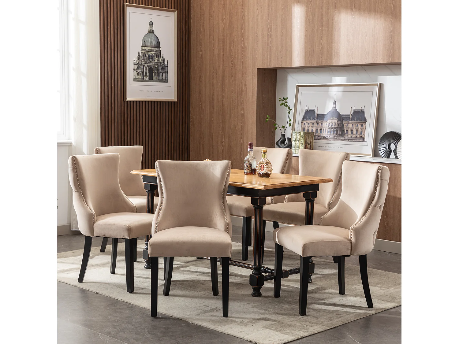 Lot de 6 chaises de salle à manger en velours et bois massif – beige