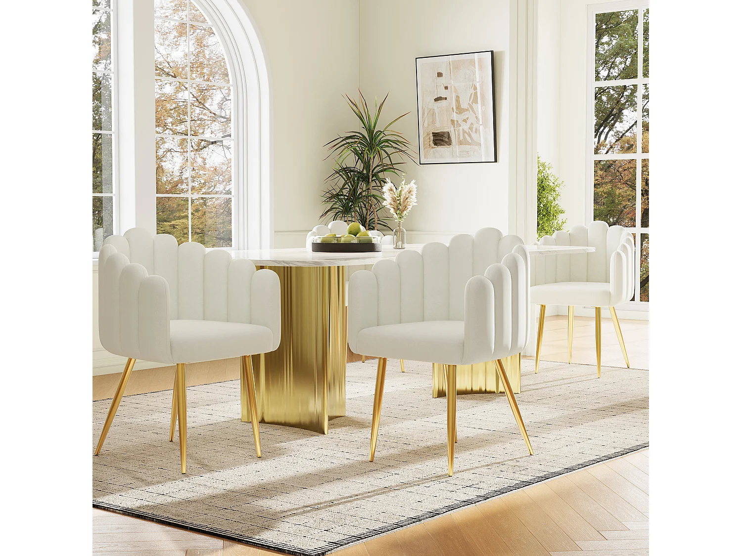 Juego de 2 sillas de terciopelo, patas de metal galvanizado dorado, respaldo en abanico – beige y dorado