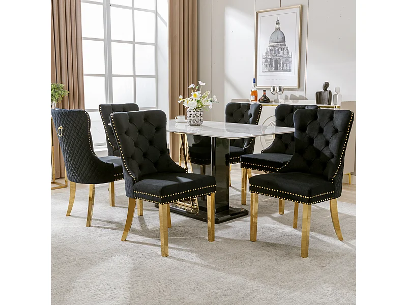Fluwelen eetkamerstoel met decoratieve ring en studs, gouden roestvrijstalen poten – zwart