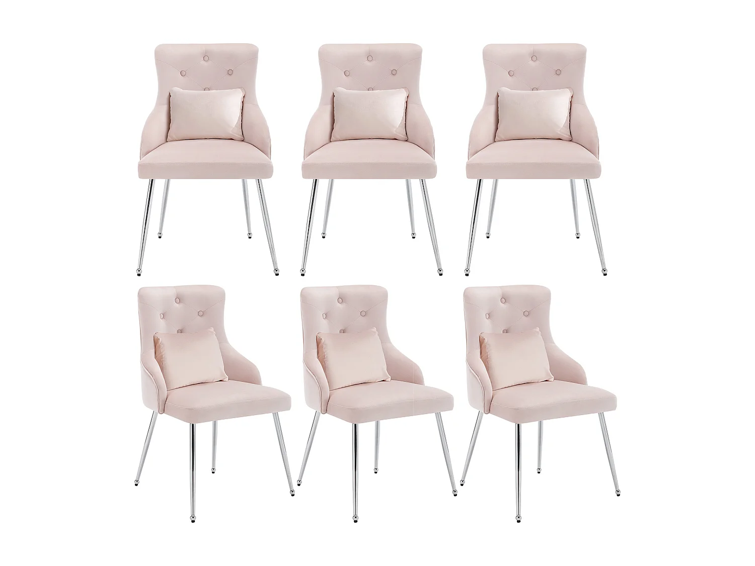 Lot de 6 chaises en velours avec coussin lombaire et pieds métal, dossier capitonné – rose