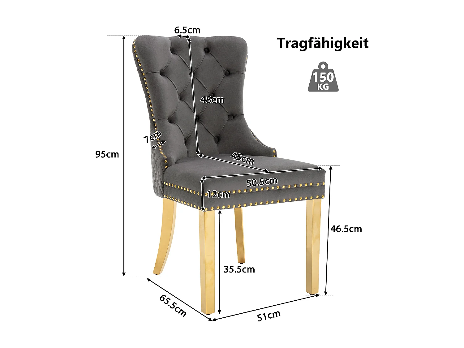 6er-Set Samtstühle, goldene Edelstahlbeine – grau