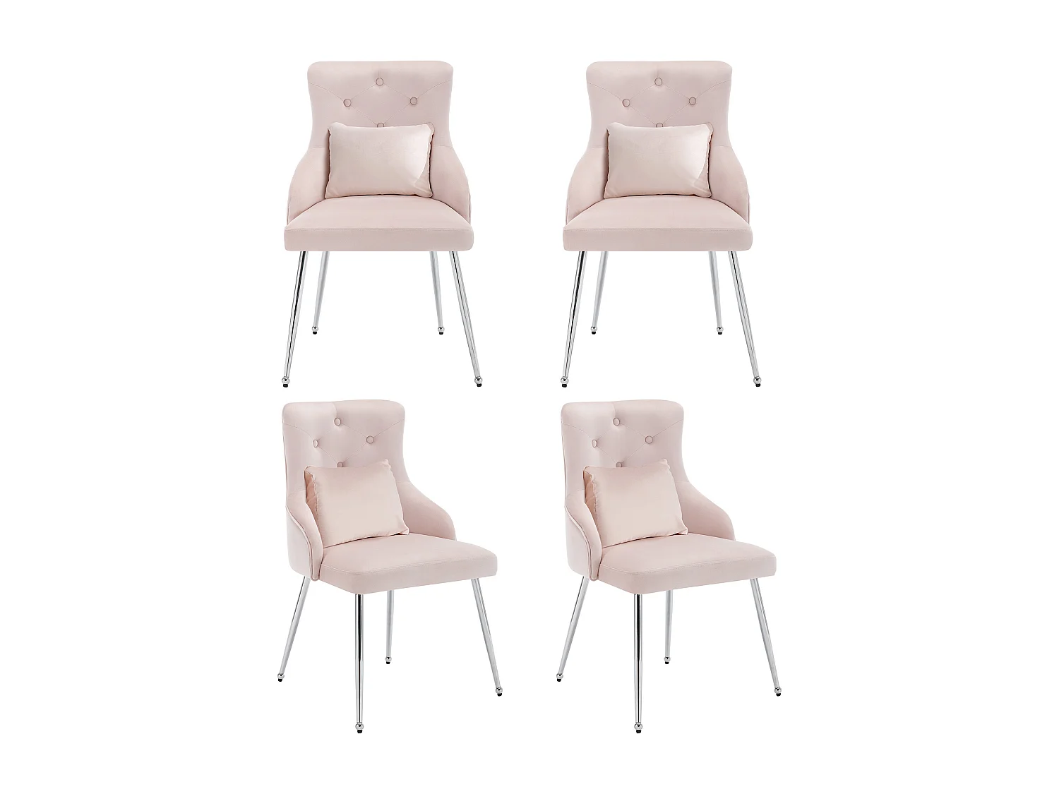 Lot de 4 chaises rembourrées en velours, pieds métal, coussin lombaire, boutons décoratifs – rose
