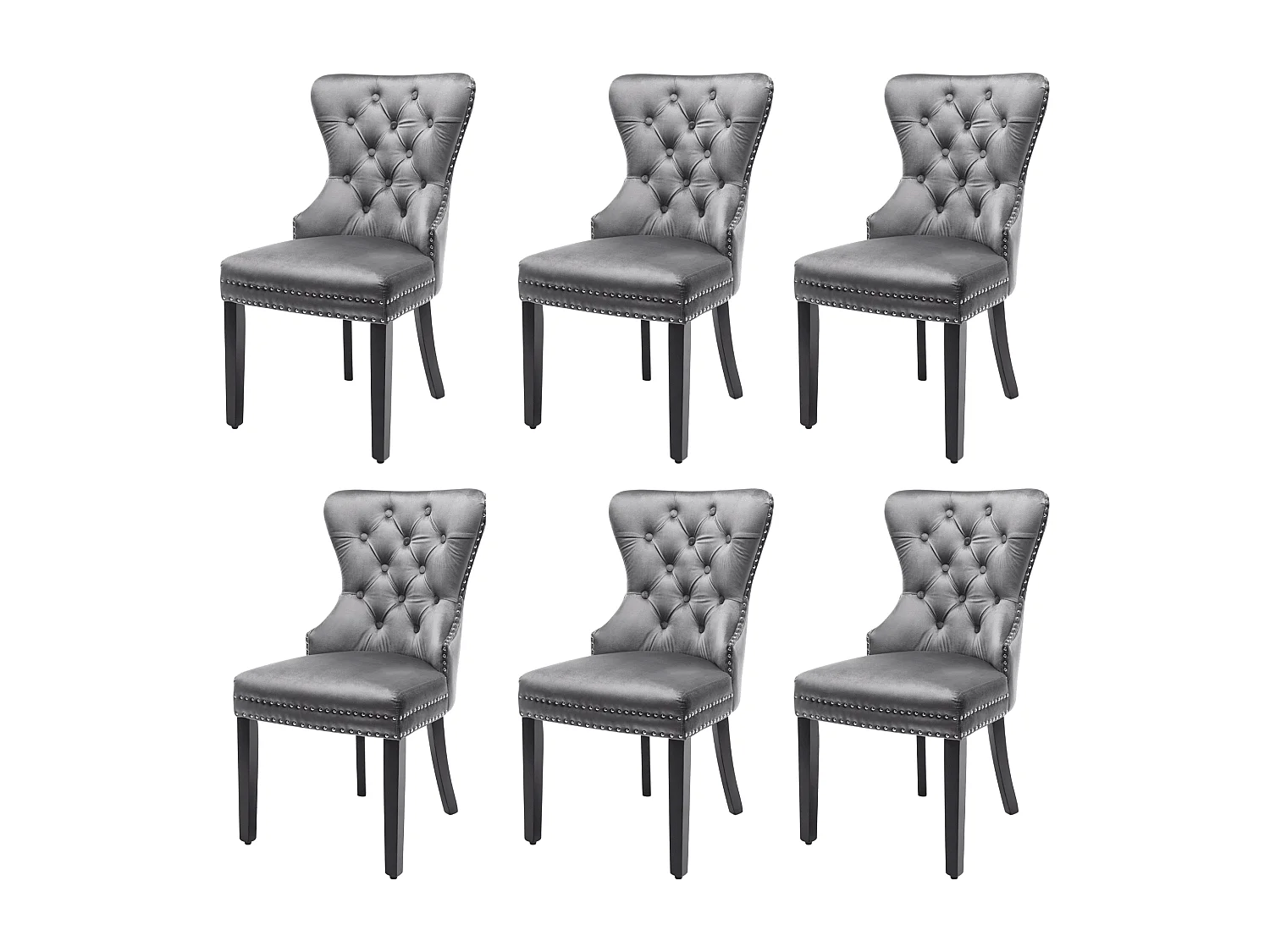 Lot de 6 chaises en velours, structure bois massif et pieds en bois de caoutchouc – gris