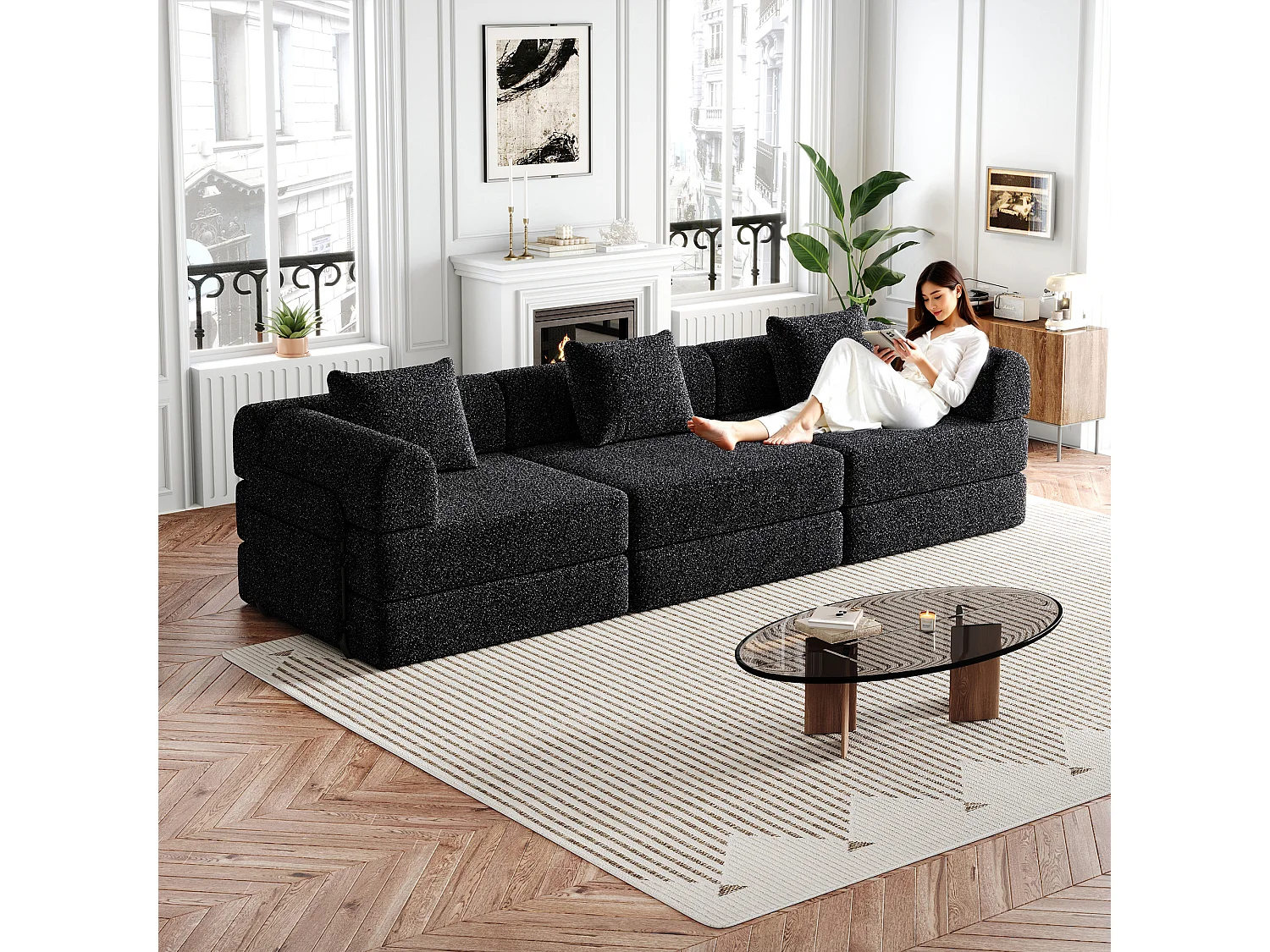 Canapé 3 places noir - Canapé droit avec espace de rangement et 3 structures métalliques - chenille