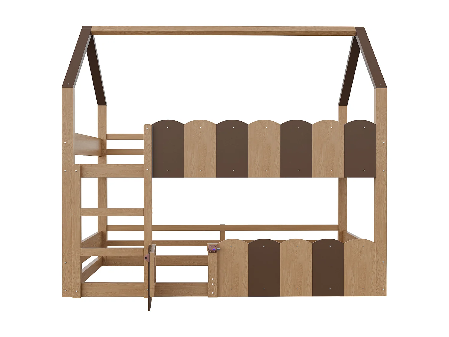 Litera de 90 x 200 cm - Cama infantil con barandillas de seguridad y escalera - madera oscura - colchón no incluido