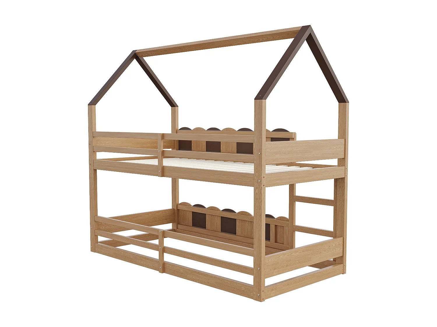 Litera de 90 x 200 cm - Cama infantil con barandillas de seguridad y escalera - madera oscura - colchón no incluido