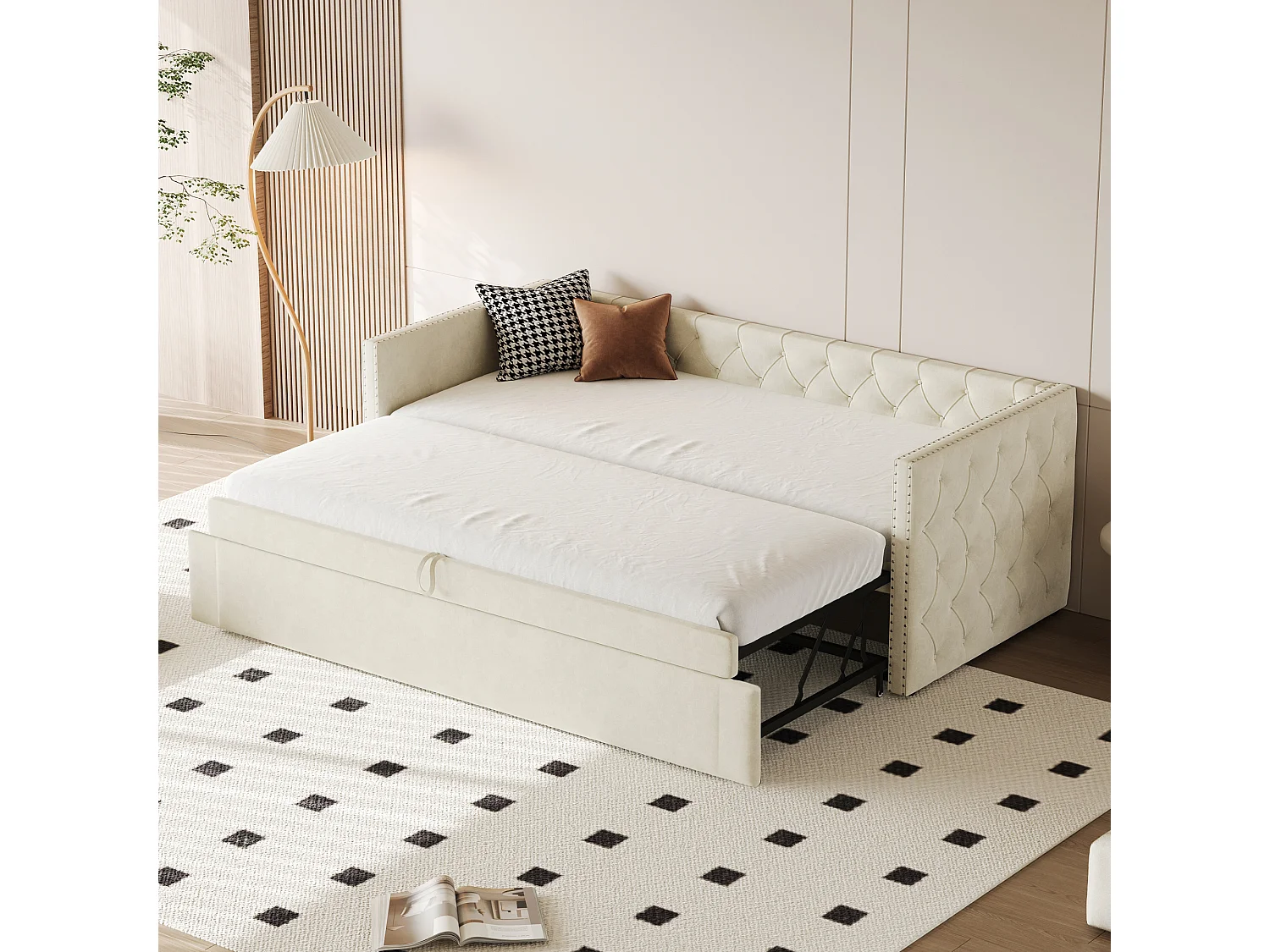 Letto per bambini 90x200 cm - Per bambini Letto 90x200 cm - con rete a doghe - in velluto - beige - senza materasso