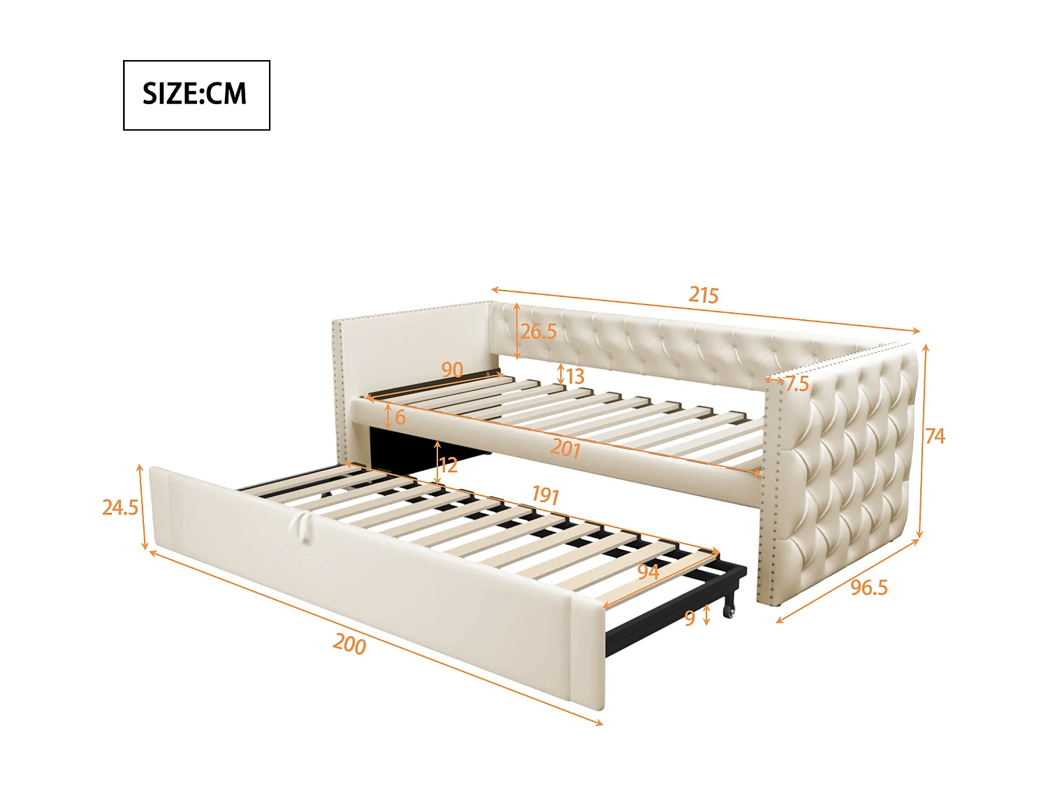 Letto per bambini 90x200 cm - Per bambini Letto 90x200 cm - con rete a doghe - in velluto - beige - senza materasso